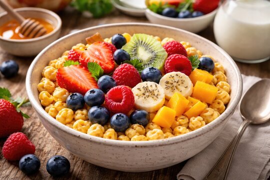 Nutritious corn puff cereal bowl topped with assorted fresh fruits encouraging wellness