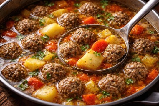 Classic Turkish meatball and vegetable soup with soft carrots and potatoes simmered in broth