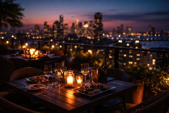 Blurred restaurant table on rooftop overlooking twilight urban landscape