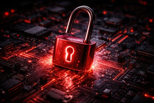 Open red lock representing hacking activity on a computer chip background