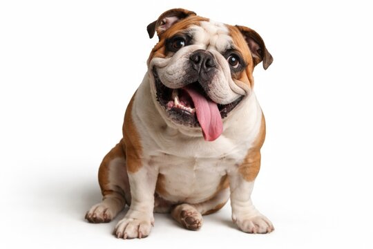 Amusing English bulldog pet showing goofy expression while seated on white surface