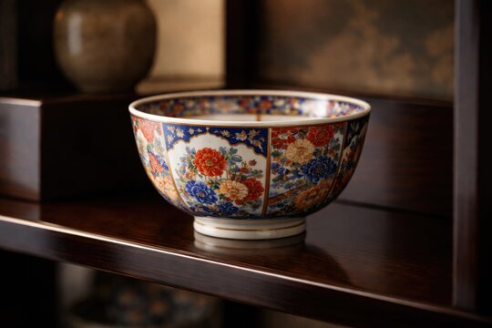 Handcrafted Japanese Imari rice bowl exhibited on a shiny lacquer open shelf with a muted soft focus backdrop