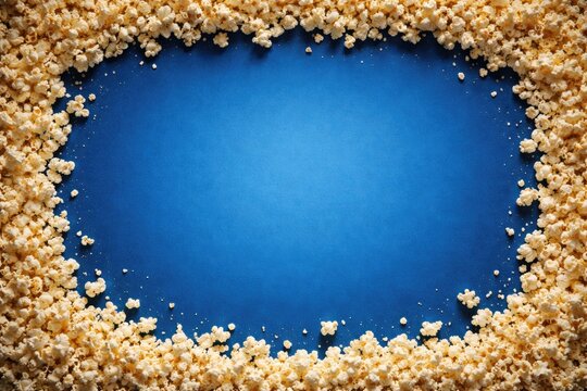 Blue studio backdrop adorned with popcorn frame creating copy space for film and television production