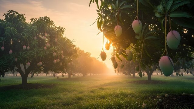 Lush mango orchard with ripe fruits hanging from trees at sunrise. Agriculture and farming concept. Row of mango trees in a foggy field with warm sunlight shining through the leaves
