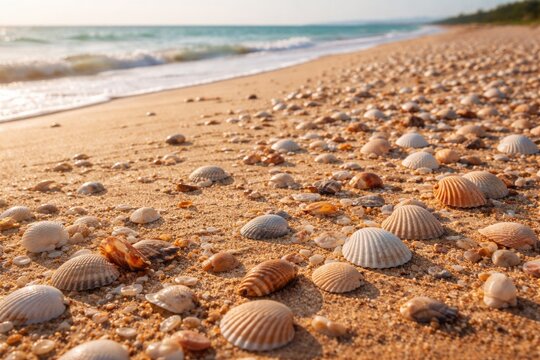 Coastal sand area covered in seashells with expansive copy space
