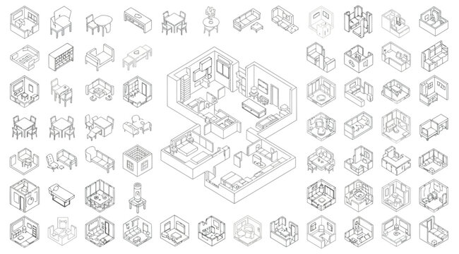 Set of isometric furniture icons and room layouts