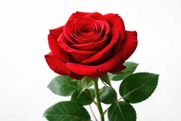 Fototapeta premium Focused image of one vibrant red rose bloom with white background for floral arrangement emphasis