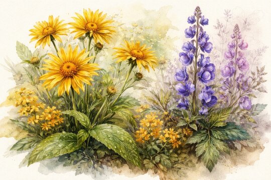 Naturalistic mountain tobacco and arnica plant watercolors combined with hand drawn wolfsbane blooms in warm hues