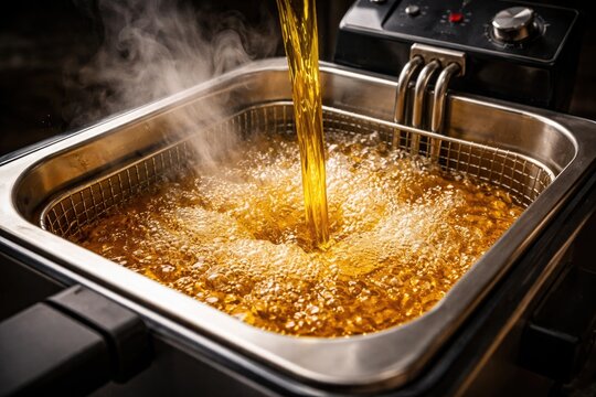 Golden oil poured into electric deep fryer with bubbles and steam