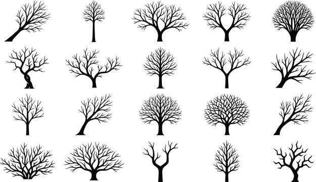 Large collection of leafless tree silhouette vector set featuring diverse branching structures and artistic winter forest designs