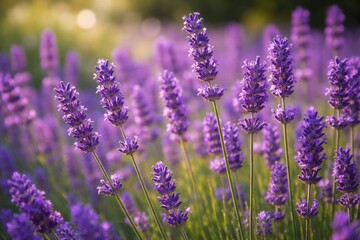 Naklejka premium Close up perspective of fragrant lavender stalks in a public green space