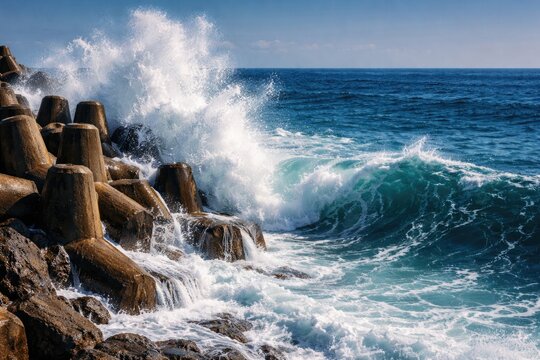 Blue sea waves smashing against tetrapod sea defense creating white foam and copy space