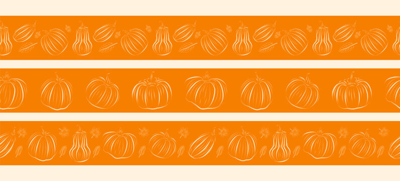 Autumn pumpkin border set with hand drawn seasonal elements. Cozy harvest themed horizontal frames perfect for Thanksgiving design, packaging, invitations and fall decor.