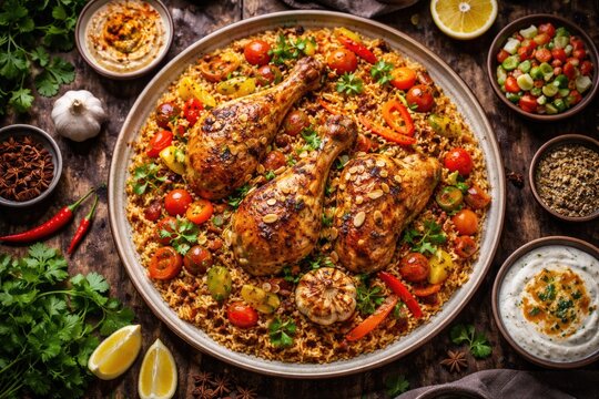 Looking down on a plate of chicken kabsa served with colorful vegetables