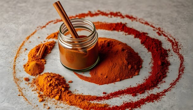 A hyperrealistic culinary composition featuring a small glass jar filled with reddish-brown powdered spice, accented by a cinnamon stick placed inside. Circular patterns of the same powder spread acro