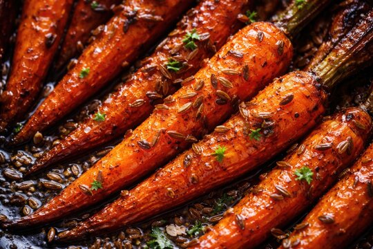 Closeup of caramelized roasted carrots and caraway topping