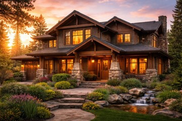 Naklejka premium Charming craftsman residence featuring natural materials and sunset ambiance