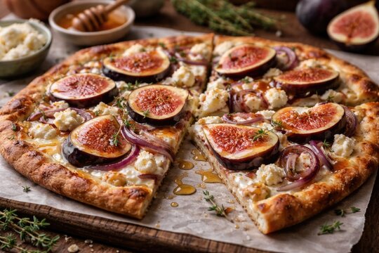 Authentic tarte flambee layered with sliced figs, red onions, goat cheese, and a honey accent