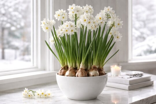 Indoor winter forced narcissus paperwhite bulbs in a clean white vase