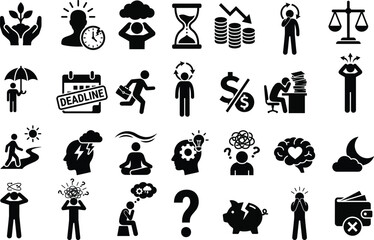 Fototapeta premium icons, stress, mental, health, business, pressure, finance, problem, burnout, anxiety, flat, vector, illustration, modern, design, people, emotion, concept, set, collection