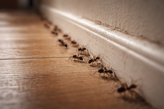 Detail of ants navigating along wall edges and baseboards inside house