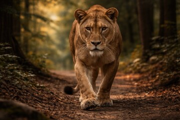Fototapeta premium Lone lioness striding near camera along forest path