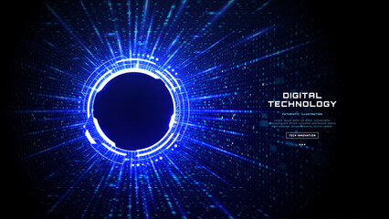 Plakat Abstract futuristic tech background with glowing portal circle shifted left, leaving space for text on the right. Light, circuit, and digital data flow create a technology design for presentation.