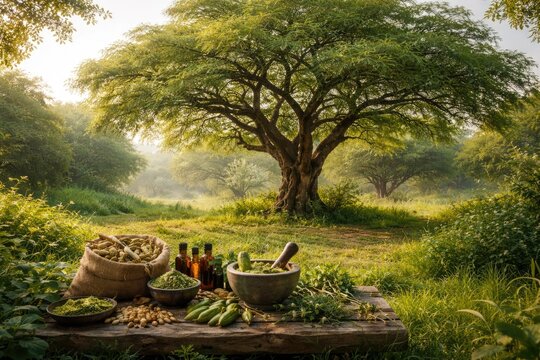 Lush green environment featuring Prosopis Cineraria tree and its healing applications