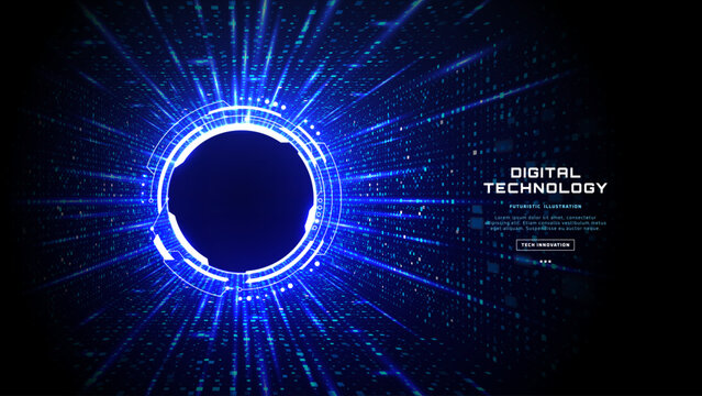 Abstract futuristic tech background with glowing portal circle shifted left, leaving space for text on the right. Light, circuit, and digital data flow create a technology design for presentation.