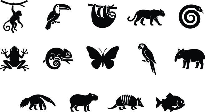 Rainforest animal silhouette illustration set, diverse tropical wildlife vector design for biodiversity, nature, ecology, and conservation concepts