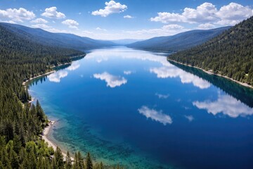 Obraz premium High altitude capture of a calm lake reflecting the blue sky with shoreline