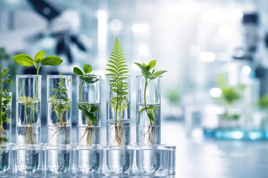 Lab closeup featuring test tubes with multiple plant types blank area for text