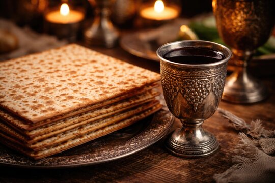 Intimate focus on Matzah bread and a Kiddush cup containing red wine during Passover festivity