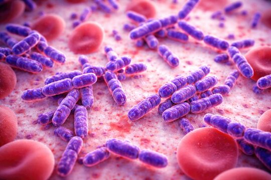 High magnification microscopic image of human blood culture stained for gram positive bacilli bacteria