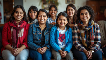 Fototapeta premium Women and girls from an extended family sitting side by side on International Women's Day 