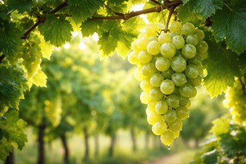 Fototapeta premium Fresh grapes on vine paired with vivid green leaves creating an inviting copy space