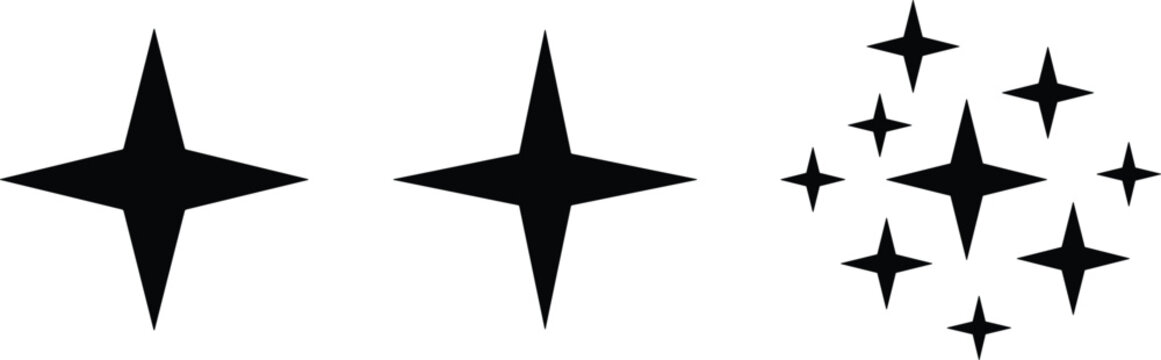 Star silhouette vector set featuring geometric four-pointed shapes in single and clustered arrangements for creative design projects
