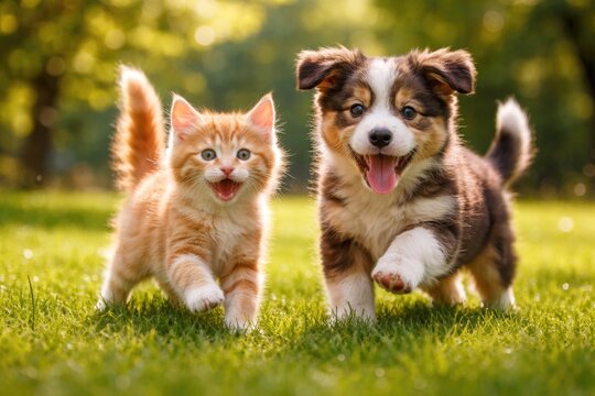 energetic kitten and lively puppy frolicking on fresh green summer grass full length view