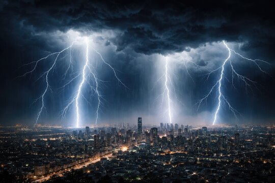 Dark sky lit by intense lightning strikes above a broad metropolitan area
