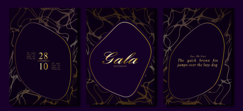 Elegant gala invitations set with abstract gold pattern, decorative frame on purple background. Vector realistic illustration of VIP card with shiny lines, premium border design for celebration