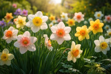 Obraz premium Colorful narcissus flowers flourishing with garden foliage