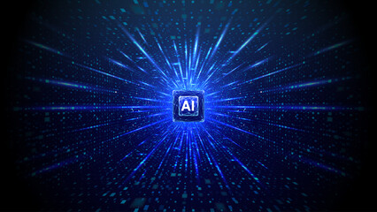 Abstract blue digital background with glowing ai portal chip, futuristic tech light rays and data stream. Central circle perspective with circuit technology pattern, high-tech vector illustration. © AntonKhrupinArt