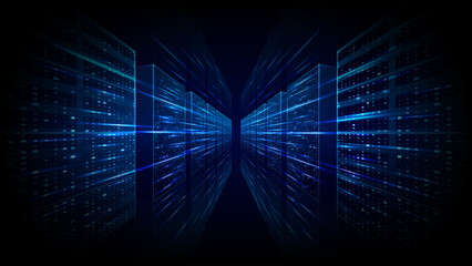 Fototapeta premium Abstract data server center room with AI cloud internet network, glowing rack systems and digital tech environment, futuristic computer background with flowing data connections and blue light. Vector