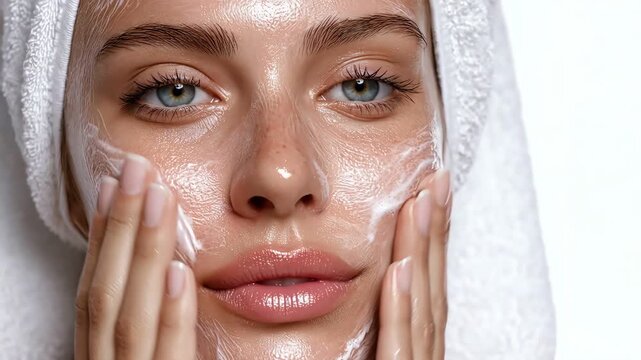 One woman applying soft foamy cleanser on face, studio portrait close up.