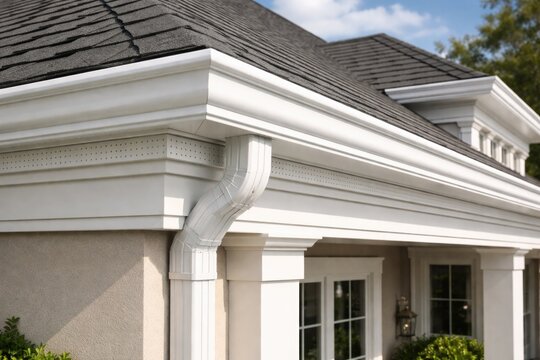 Complete white gutter system featuring fascia and drip edge on upscale property facade