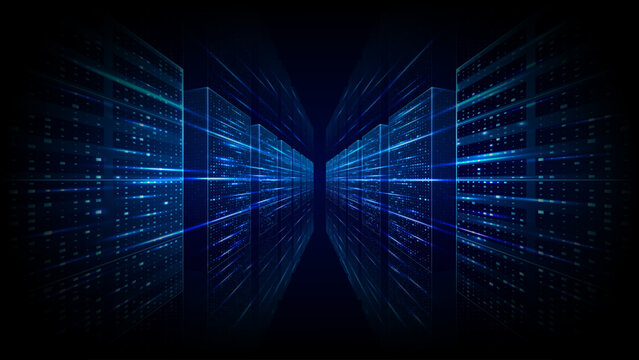 Abstract data server center room with AI cloud internet network, glowing rack systems and digital tech environment, futuristic computer background with flowing data connections and blue light. Vector