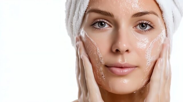 One happy woman cleansing face with foam bubbles, white background close up.