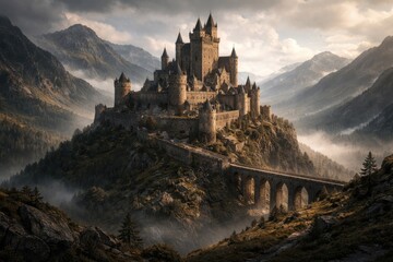 Fototapeta premium Artistic rendering of a renowned medieval fortress nestled in highlands