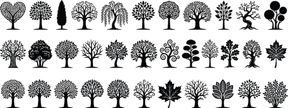 Stylized tree silhouette vector set featuring artistic heart-shaped, spiral, geometric, willow, oak, and maple canopy designs
