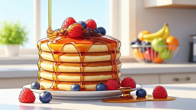 Cartoon stack of pancakes with maple syrup, topped with raspberries and blueberries